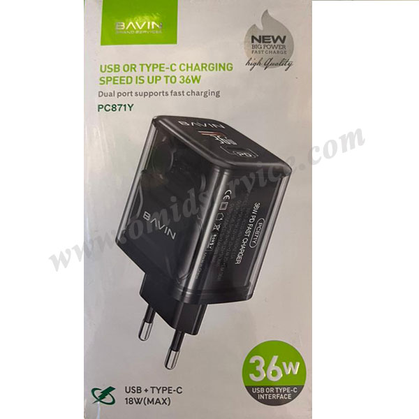 شارژر TYPE C برند BAVIN مدل PC871Y با توان 36 وات